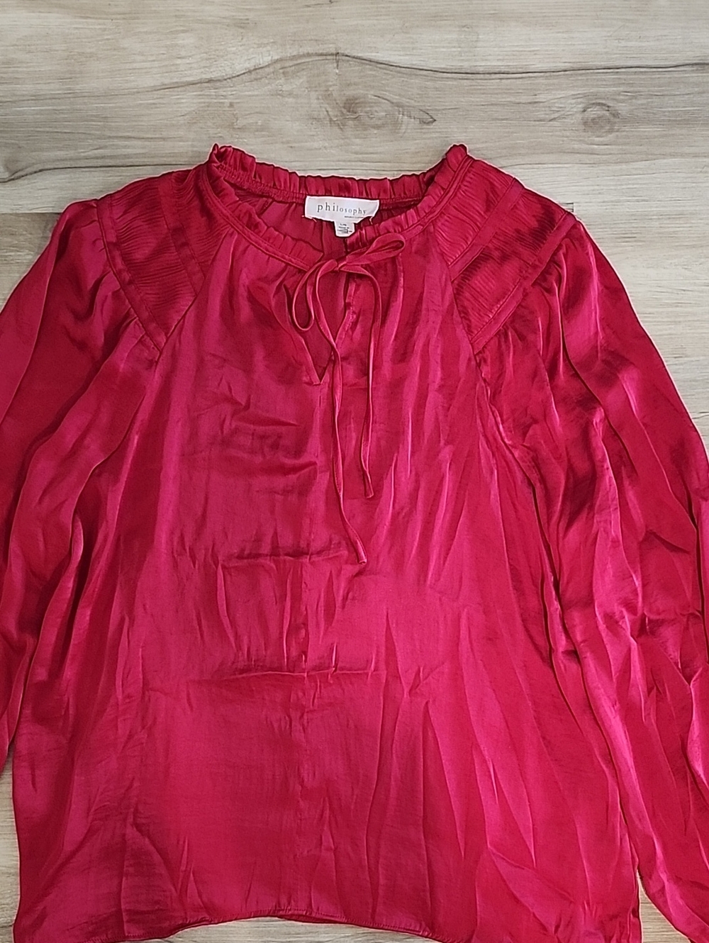 Philosophy Deep Red Tie-Neck Long Sleeve Blouse Large
